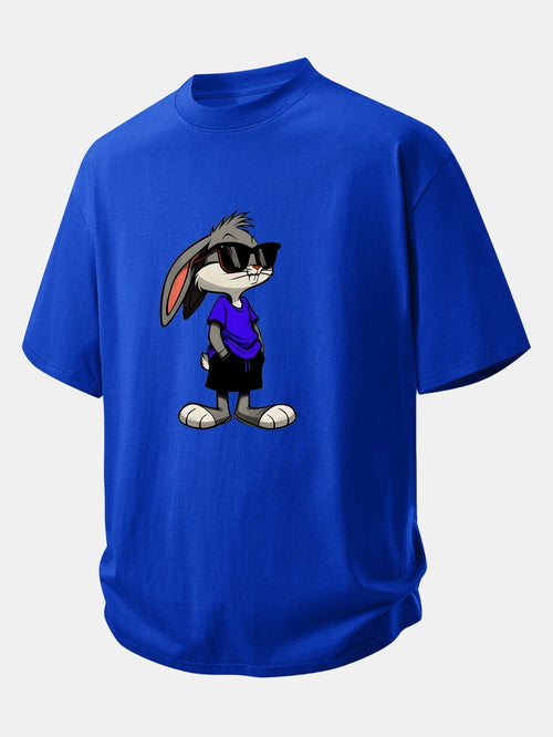 Relaxed Fit Cotton T-Shirt with Rabbit Print Sunglasses Design
