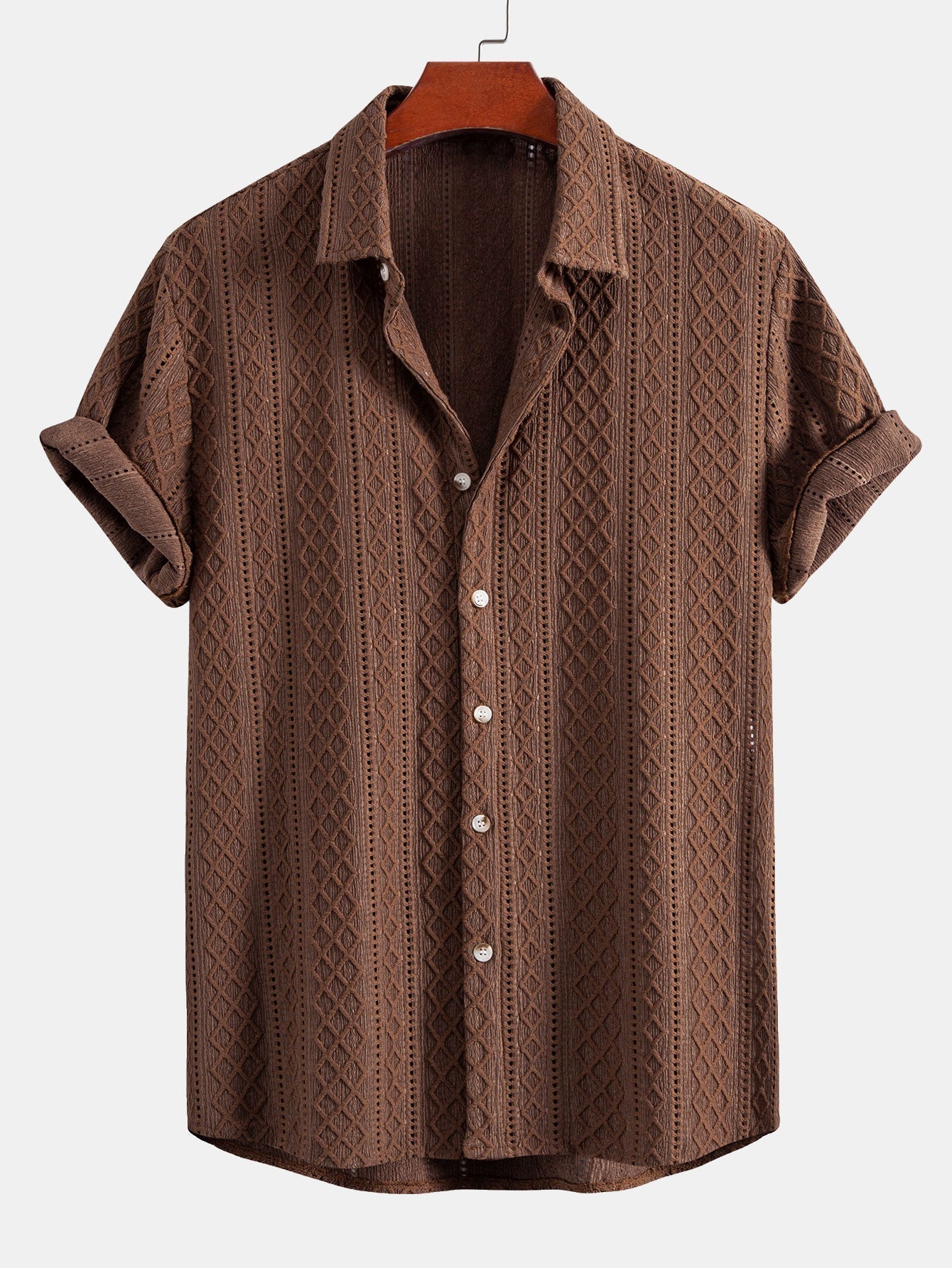 Jacquard Rhombus Button-Up Shirt & Crinkle Textured 5" Drawstring Shorts