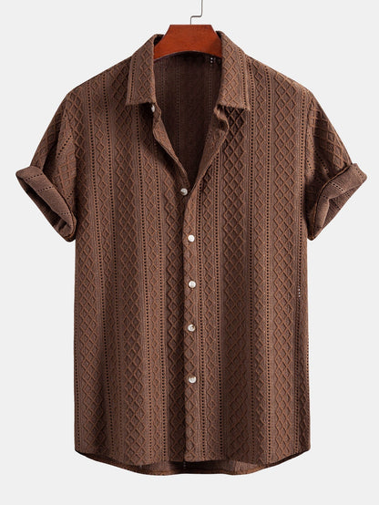 Jacquard Rhombus Button-Up Shirt & Crinkle Textured 5" Drawstring Shorts