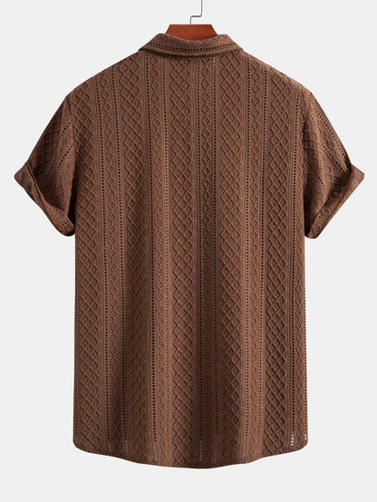 Jacquard Rhombus Button-Up Shirt & Crinkle Textured 5" Drawstring Shorts