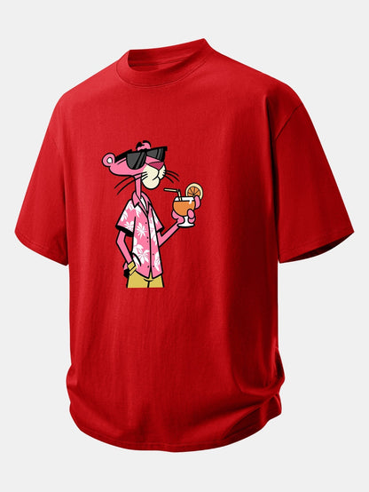 Relaxed Fit Pink Panther Print Cotton Tee for Vacation