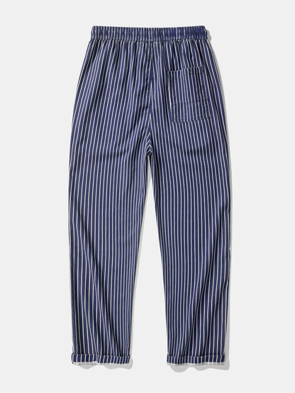 Linen-Rayon Blend Button-Up Shirt with Striped Straight-Leg Linen Pants