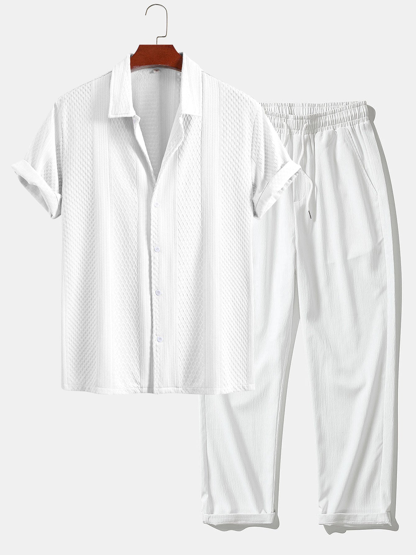 Geometric Jacquard Button-Up Shirt with Crinkle Textured Straight-Leg Pants