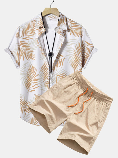 Leaf Pattern Button-Up Shirt and Swim Shorts Set