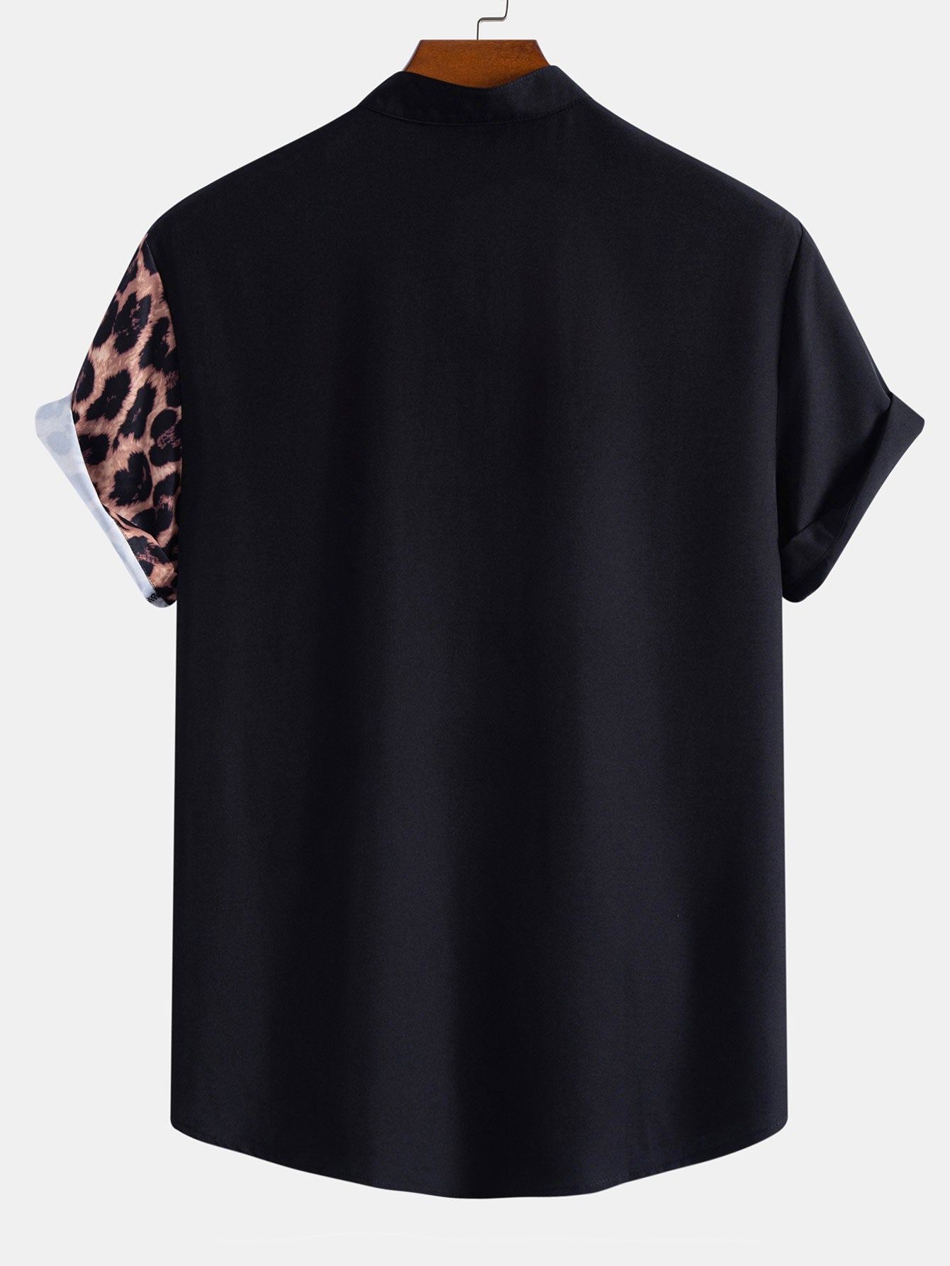 Leopard Print Patchwork Stand Collar Shirt with Matching Swim Shorts