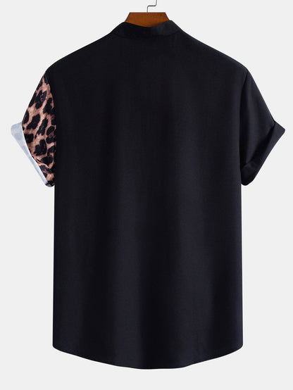 Leopard Print Patchwork Stand Collar Shirt with Matching Swim Shorts
