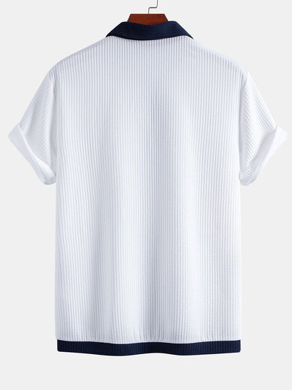 Ribbed Button-Up Shirt with Contrast Details & Drawstring Ribbed Shorts