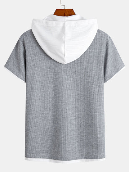 Two-Tone Button-Up Waffle Knit Hooded Tee