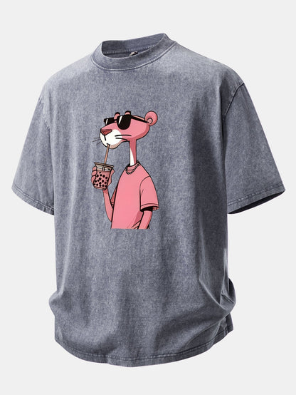 Distressed Drop Shoulder T-Shirt with Pink Panther Print
