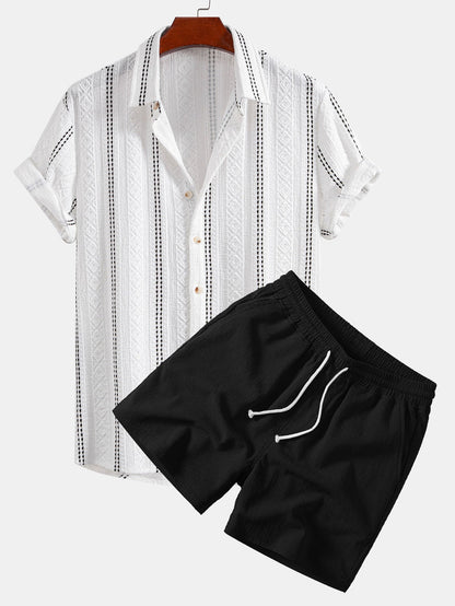 Geometric Striped Jacquard Button-Up Shirt with Crinkle Textured 5" Drawstring Shorts