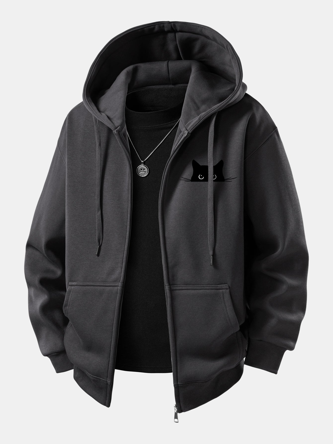 Zip-Up Hoodie with Black Cat Print