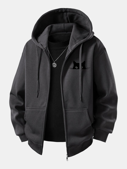 Zip-Up Hoodie with Black Cat Print