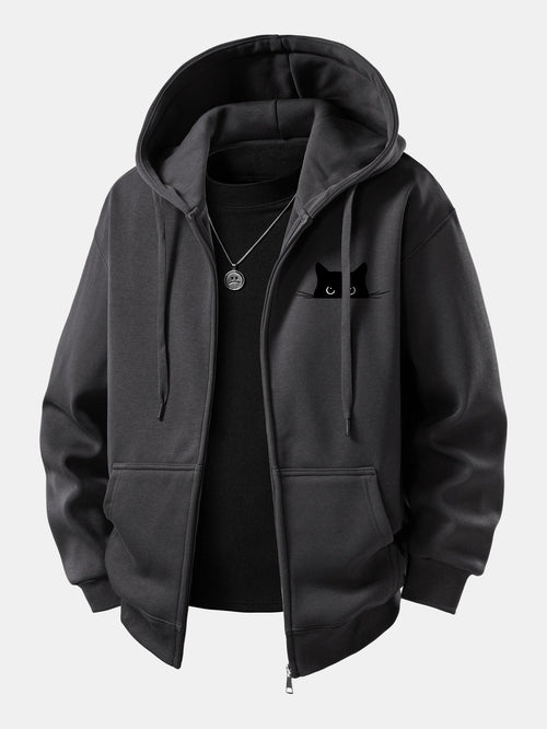 Zip-Up Hoodie with Black Cat Print