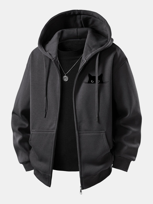 Zip-Up Hoodie with Black Cat Print