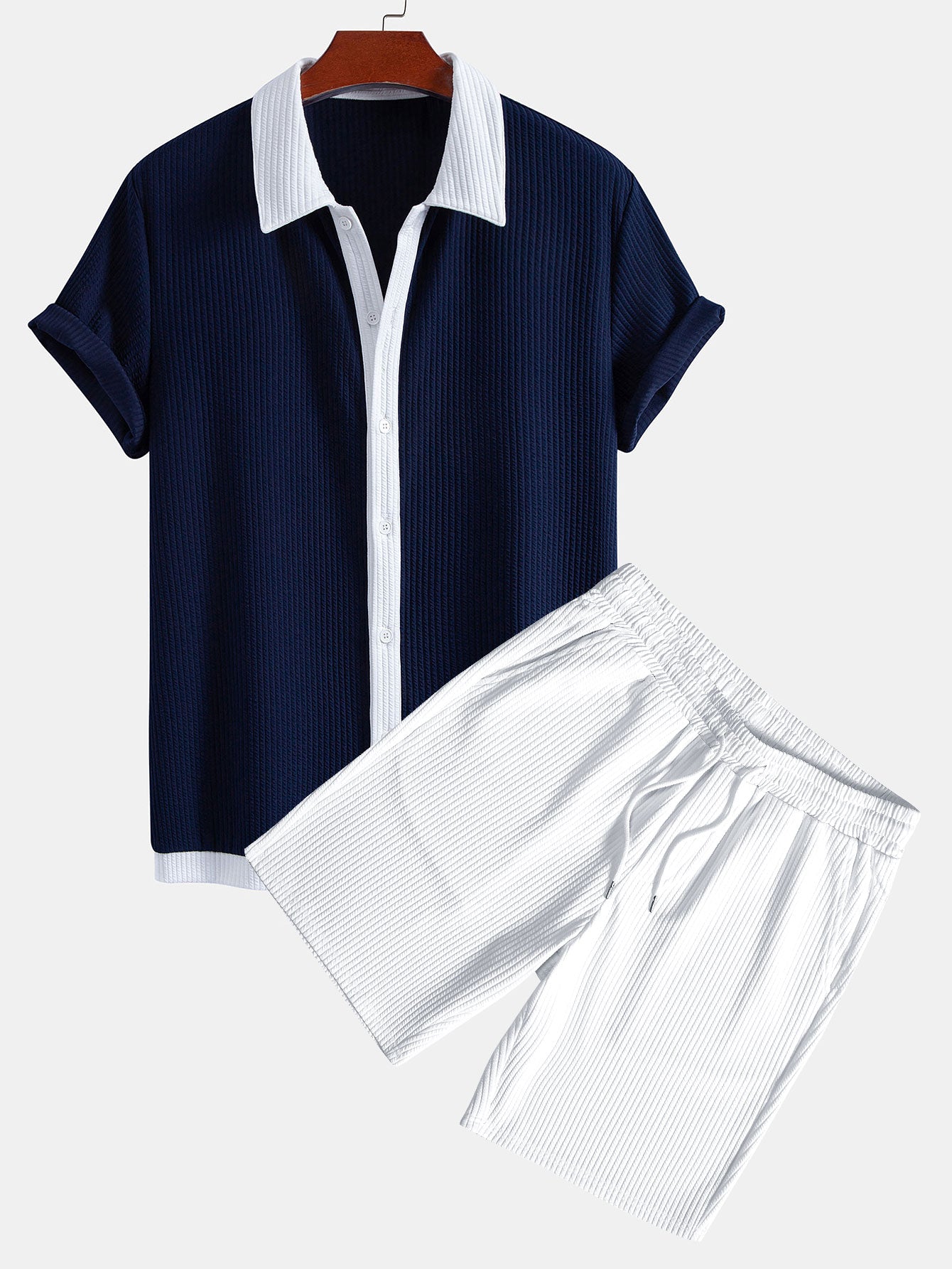 Ribbed Button-Up Shirt with Contrast Details & Drawstring Ribbed Shorts