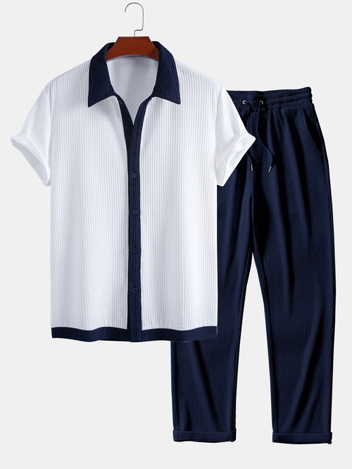 Ribbed Button-Up Shirt with Contrast Details & Straight-Leg Ribbed Trousers