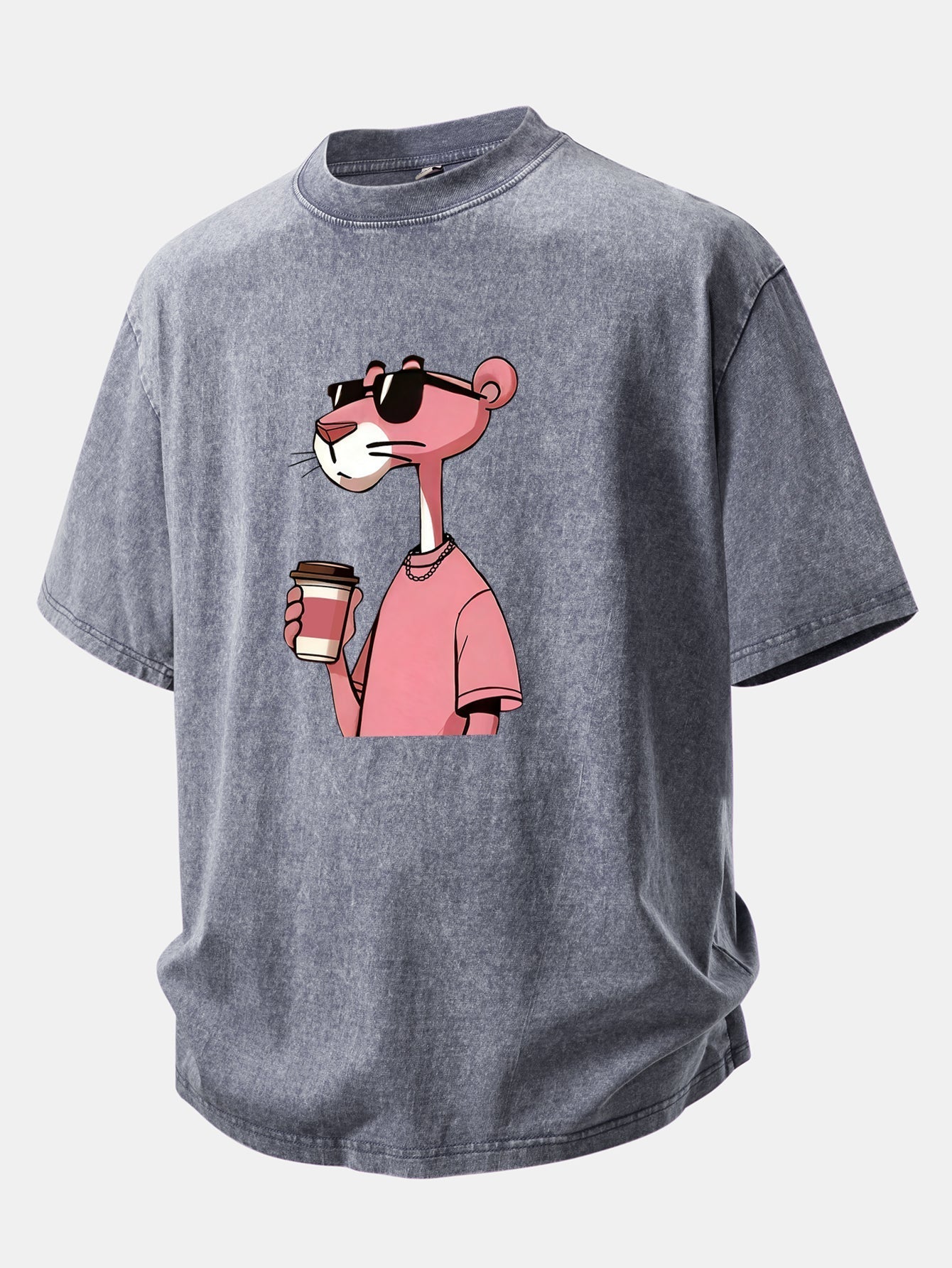 Distressed Drop Shoulder T-Shirt Featuring Pink Panther Coffee Print