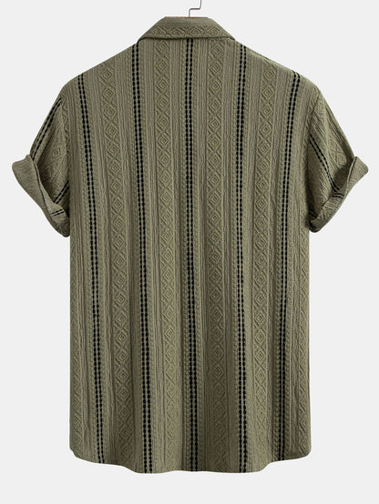 Geometric Striped Jacquard Button-Up Shirt with Crinkle Textured 5" Drawstring Shorts