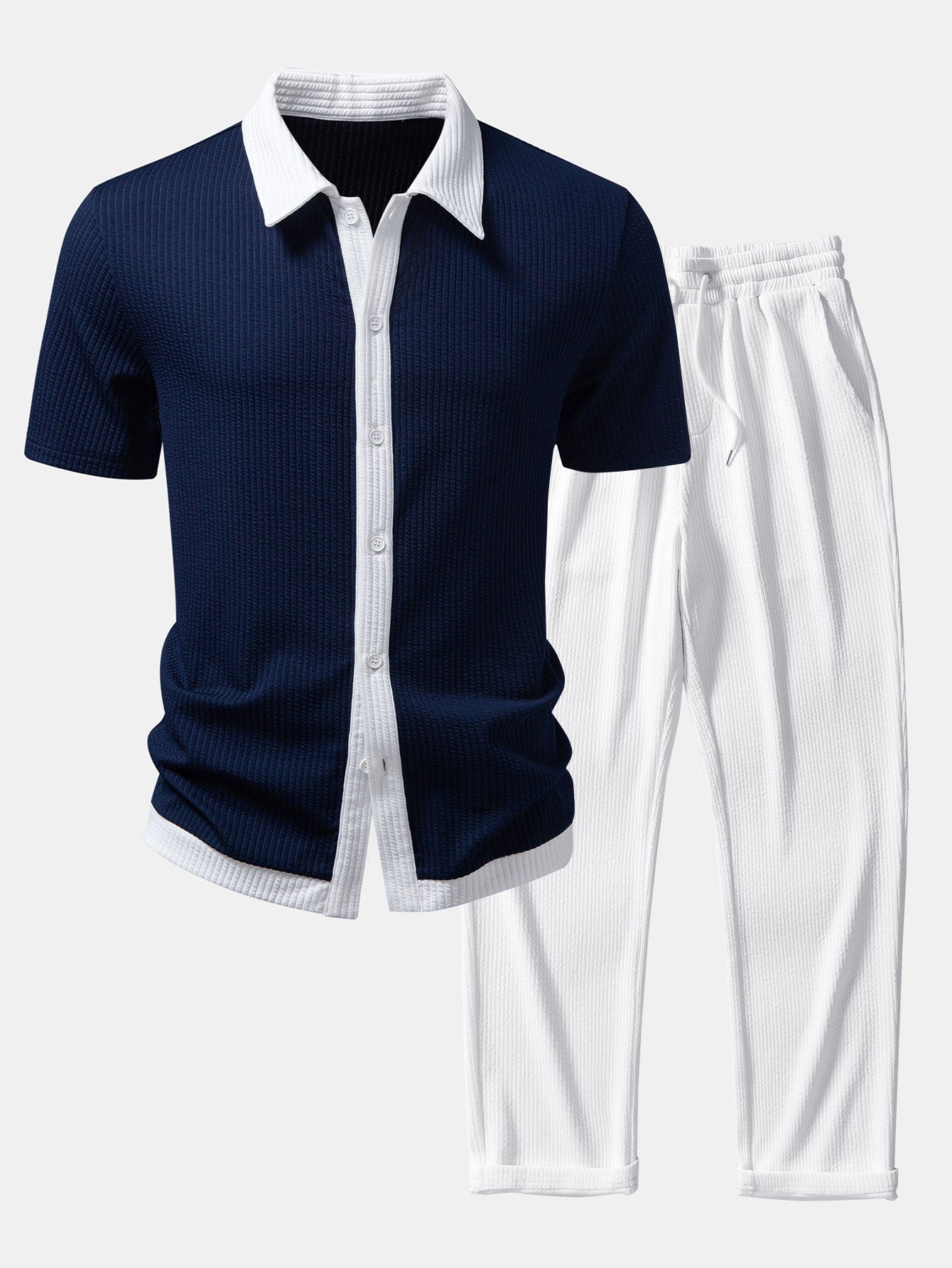 Ribbed Button-Up Shirt with Contrast and Straight-Leg Ribbed Pants