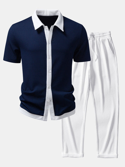 Ribbed Button-Up Shirt with Contrast and Straight-Leg Ribbed Pants