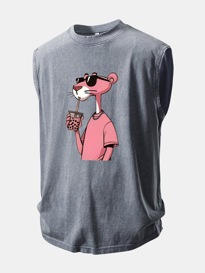 Distressed Washed Tank Top with Pink Panther Print