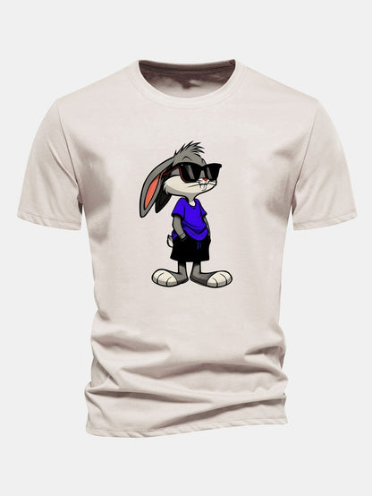 Rabbit Print Cotton T-Shirt in Regular Fit with Sunglasses Design