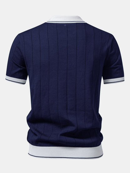 Ribbed Knit Polo with Contrast Trim and Straight Leg Ribbed Trousers