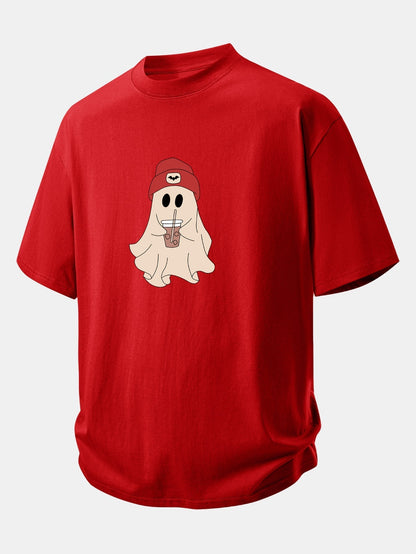 Comfortable Red Ghost Print Cotton T-Shirt