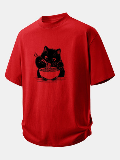 Comfortable Black Cat Ramen Graphic Cotton T-Shirt
