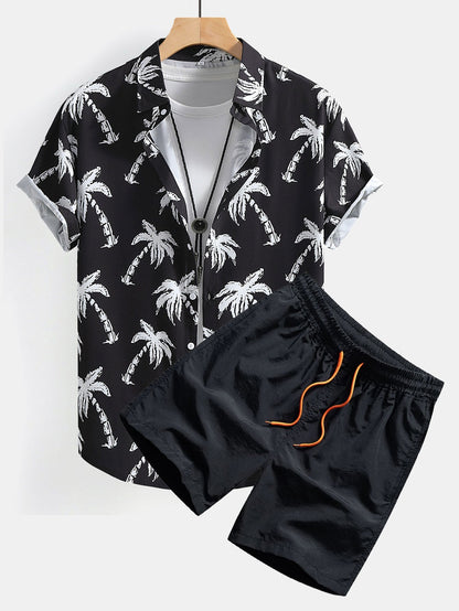 Button-Up Shirt and Swim Shorts with Palm Tree Print