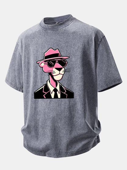 Distressed Pink Panther Print Drop Shoulder T-Shirt for Gentlemen
