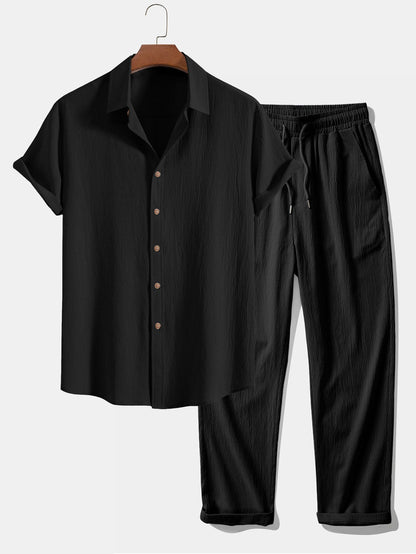 Textured Crinkle Button-Up Shirt with Straight-Leg Trousers