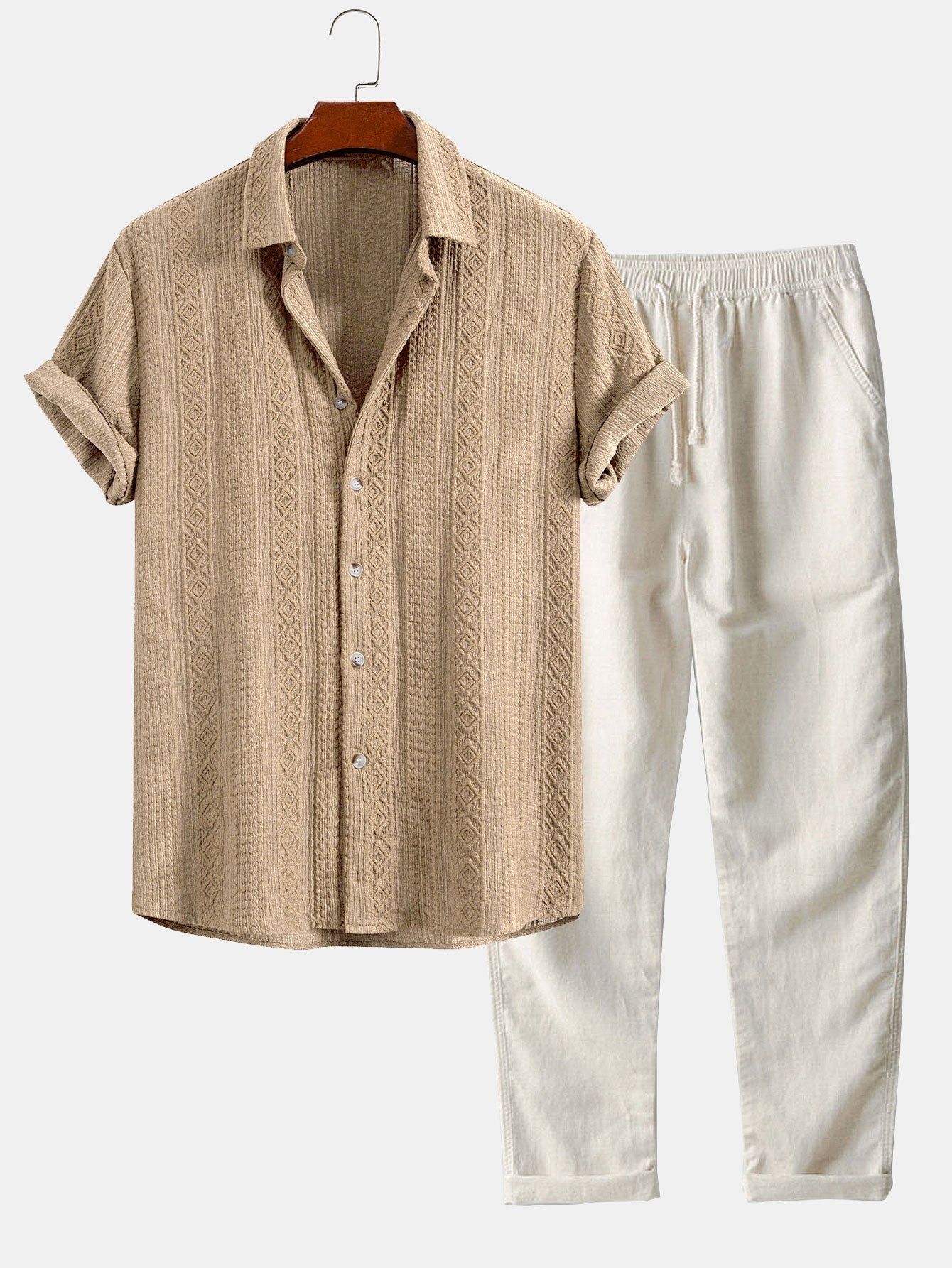 Geometric Jacquard Button-Up Shirt with Straight-Leg Linen Trousers