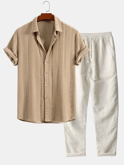 Geometric Jacquard Button-Up Shirt with Straight-Leg Linen Trousers