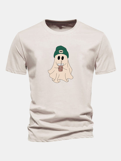 Regular Fit Dark Green Cotton T-Shirt with Ghost Print