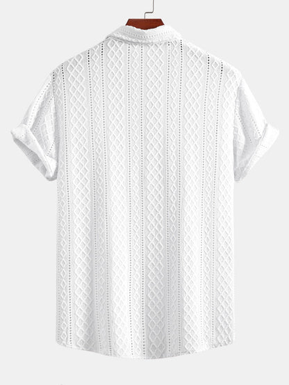 Jacquard Rhombus Button-Up Shirt & Crinkle Textured 5" Drawstring Shorts