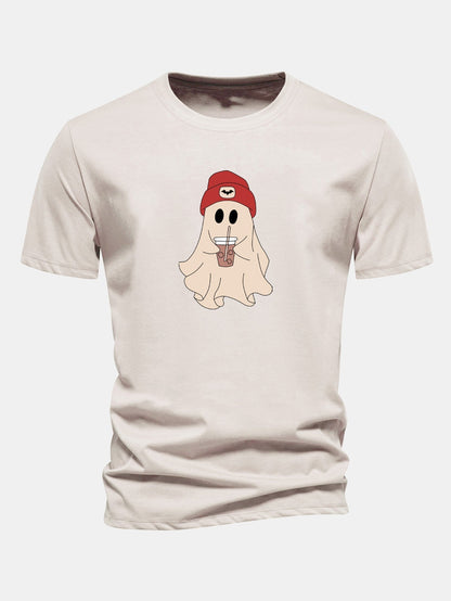 Classic Fit Red Cotton T-Shirt with Ghost Print