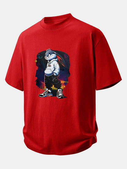 Casual Cartoon Rabbit Graphic Cotton Tee