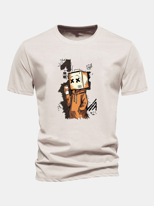 Classic Fit Cotton T-Shirt with Cartoon Box Head Design