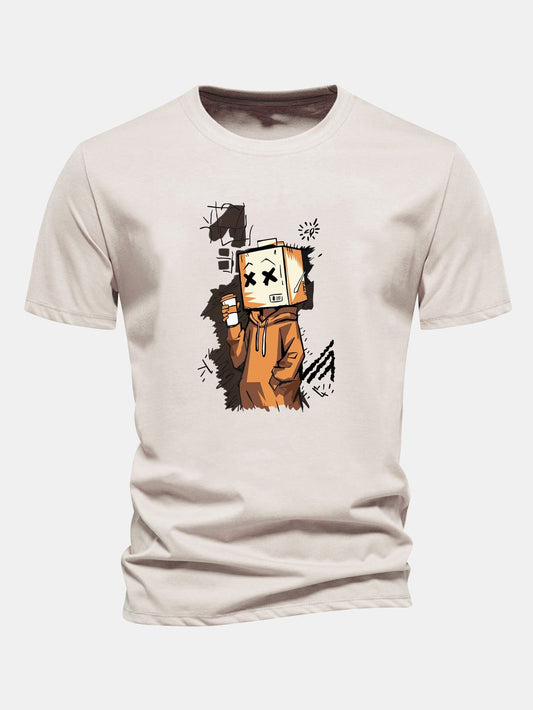 Classic Fit Cotton T-Shirt with Cartoon Box Head Design