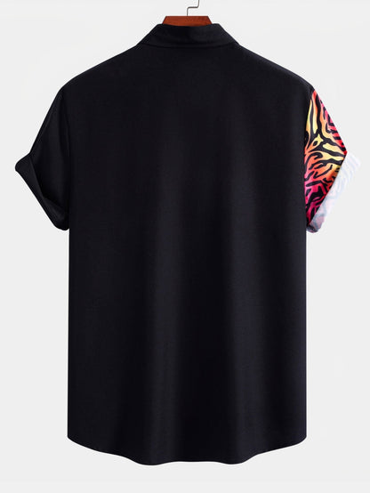 Vibrant Tiger Patchwork Button-Up Shirt with Matching Swim Shorts