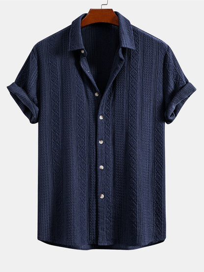 Geometric Jacquard Button-Up Shirt with Crinkle Textured Straight-Leg Pants