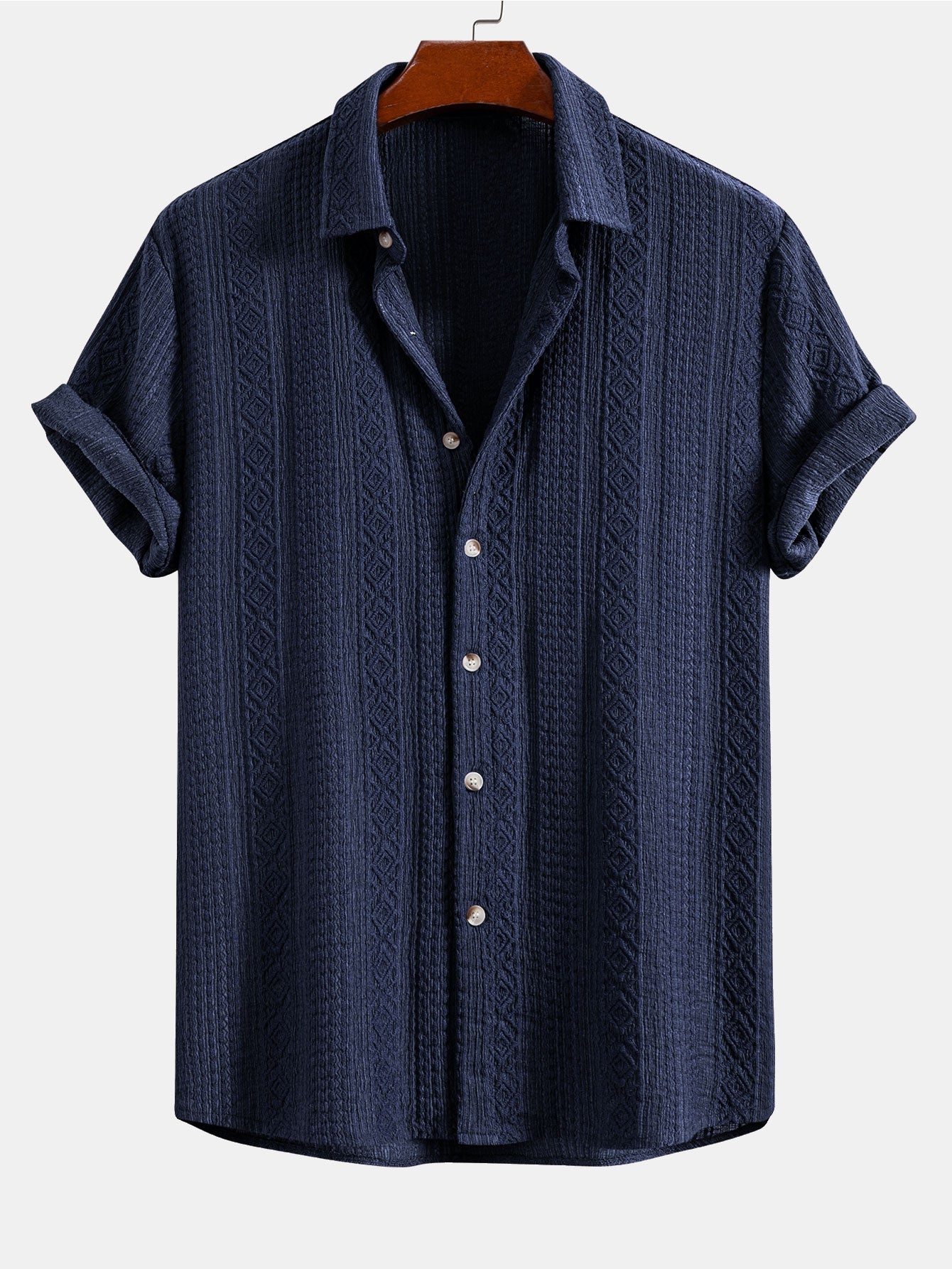 Geometric Jacquard Button-Up Shirt with Straight-Leg Linen Trousers
