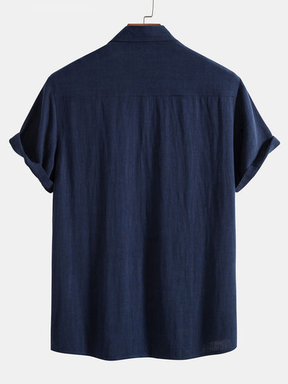 Linen-Rayon Blend Button-Up Shirt with Crinkle Textured 5" Drawstring Shorts