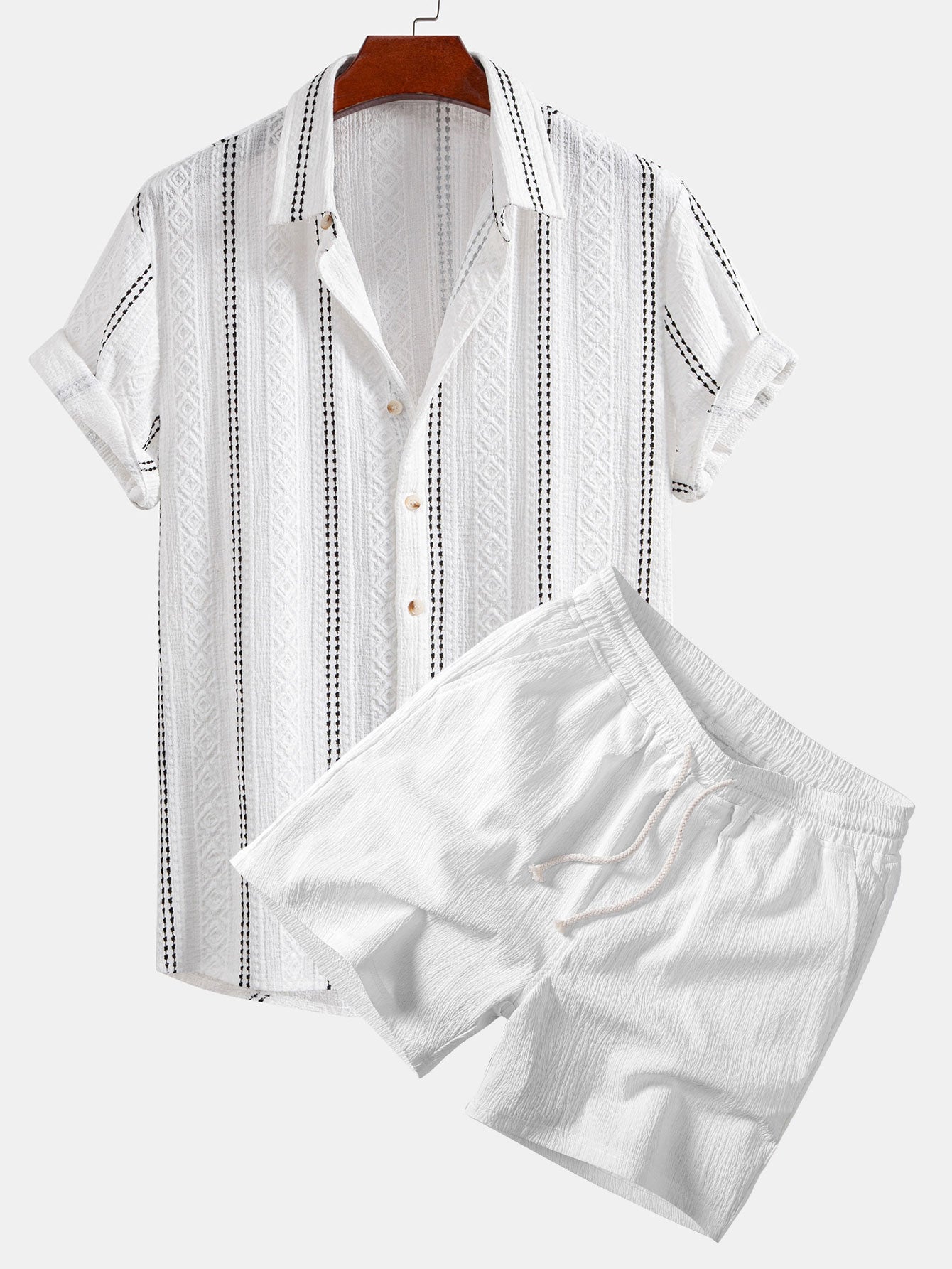Geometric Striped Jacquard Button-Up Shirt with Crinkle Textured 5" Drawstring Shorts