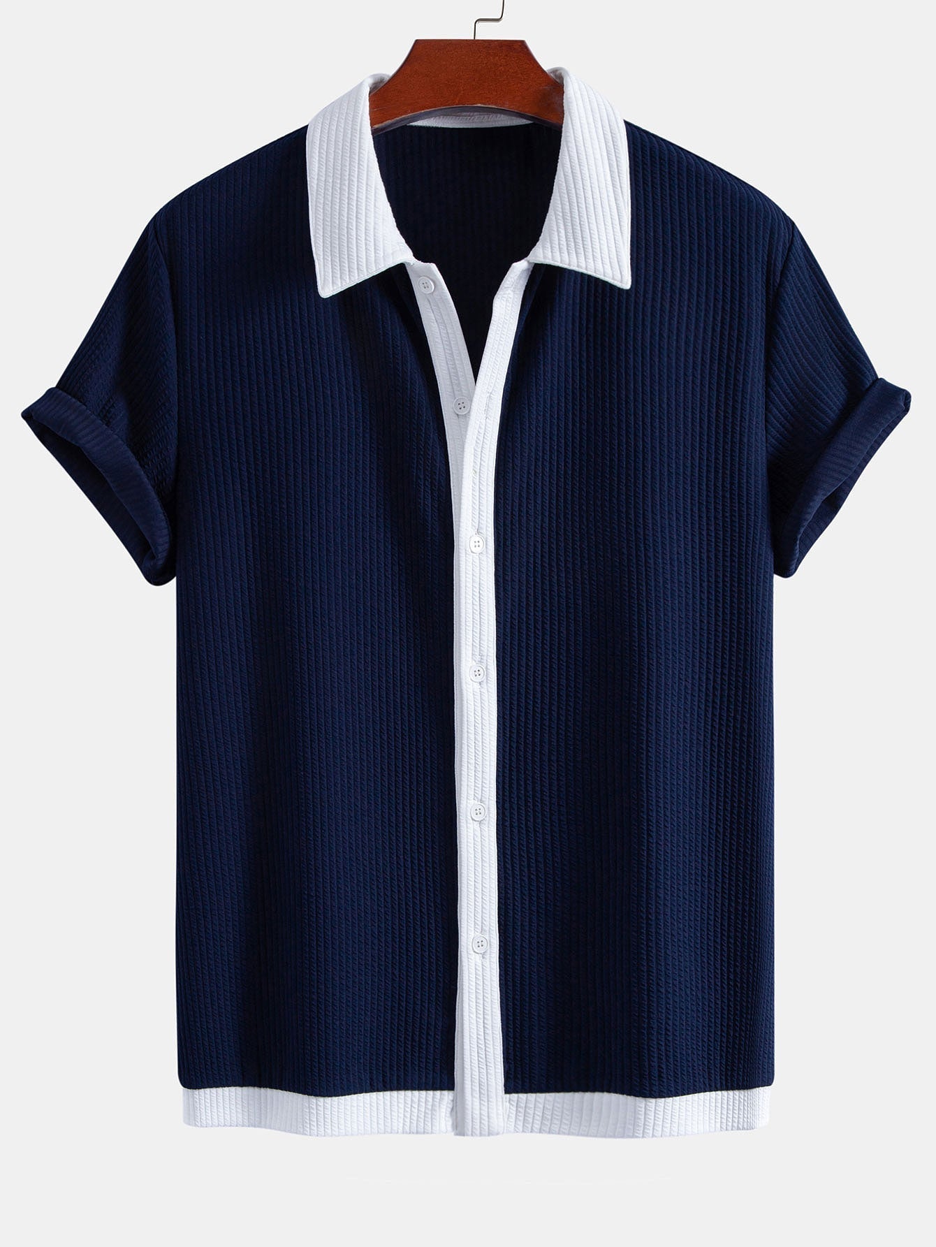 Ribbed Button-Up Shirt with Contrast Details & Drawstring Ribbed Shorts