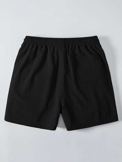 Linen-Rayon Blend Button-Up Shirt with Crinkle Textured 5" Drawstring Shorts