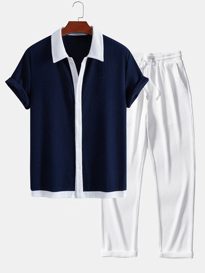 Ribbed Button-Up Shirt with Contrast Details & Straight-Leg Ribbed Trousers