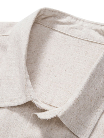 Linen-Rayon Blend Button-Up Shirt with Striped Straight-Leg Linen Pants