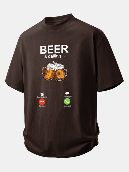 Comfortable Cotton T-Shirt with 'Beer Is Calling' Print